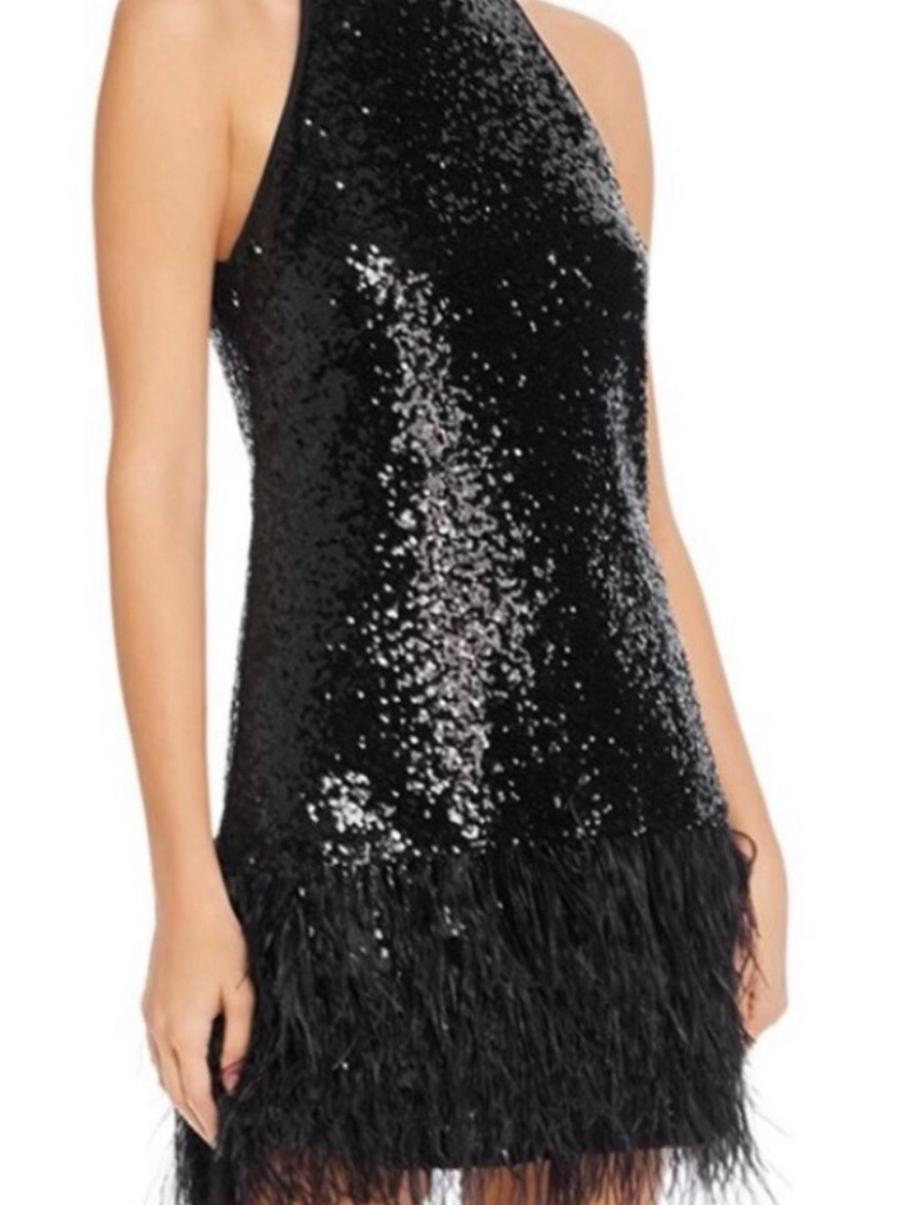 Lucy Paris Black Sequin Feather Trim Mini Dress